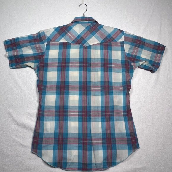 Wrangler Mens Med‎ Western Pearl Snap Short Sleeve Shirt Blue Red Plaid Grandpa - Picture 2 of 13